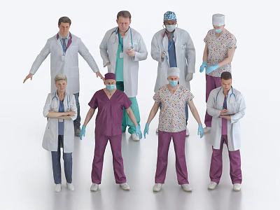 Group of Healthcare Workers in White Coats Scrubs Masks and Gloves Standing Together 3d model