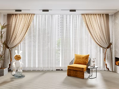 Beige Layered Curtains with Sheer Panels in Cozy Living Room with Orange Chair and Fireplace 3d model