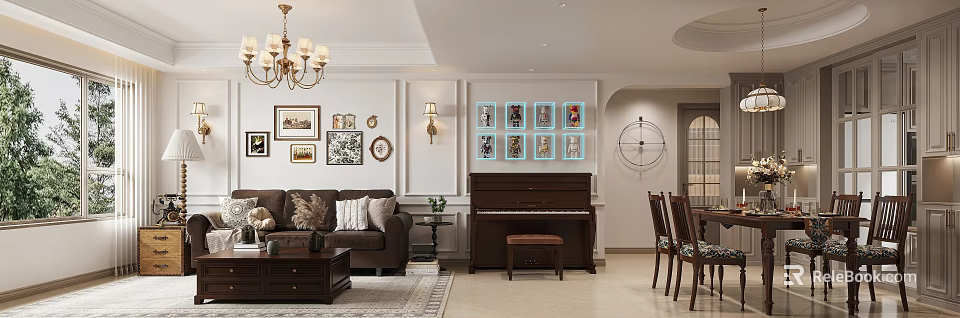 Elegant Living Dining Room With Chandelier Framed Art Sofa Piano And Dining Chairs 3d model 