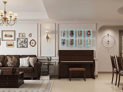Elegant Living Dining Room With Chandelier Framed Art Sofa Piano And Dining Chairs 3d model
