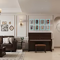 Elegant Living Dining Room With Chandelier Framed Art Sofa Piano And Dining Chairs