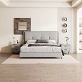 Modern Bedroom Interior With Gray Upholstered Bed Pillows Nightstand Artwork Wooden Floor And Light Rug