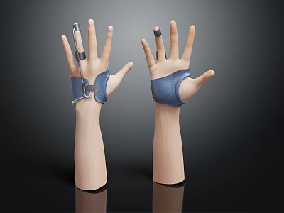 Human Hand Models with Wrist Support Devices and Metal Braces on Index Finger and Thumb 3d model