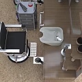 Barbershop Chair And Workstation Set With Wooden Counter Mirrors Shelves And Hanging Lamps