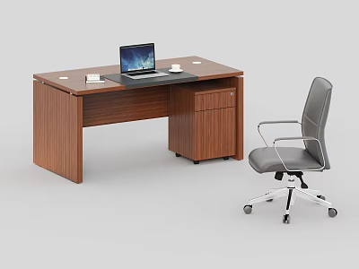 Wooden Office Desk With Laptop Cup Notebook And Gray Chair With Wheels 3d model