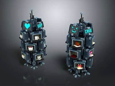 Smart Machines Tower Structures With Heart Symbols Smiley Faces And PRIME Text 3d model