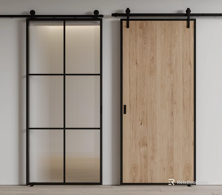 Modern Wooden Barn Door With Black Frame And Glass Panel Interior Design 3d model 