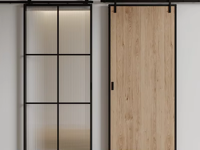 Modern Wooden Barn Door With Black Frame And Glass Panel Interior Design 3d model