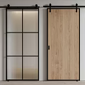 Modern Wooden Barn Door With Black Frame And Glass Panel Interior Design