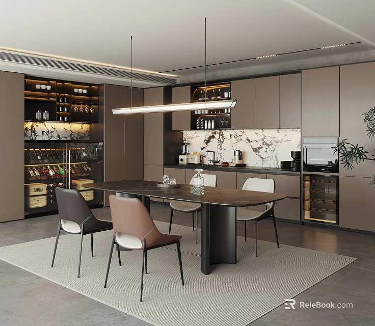 Modern Restaurant Interior With Dining Table Chairs Wine Cabinet Hanging Lights And Marble Backsplash 3d model 