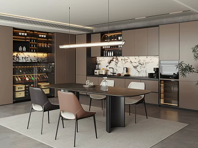 Modern Restaurant Interior With Dining Table Chairs Wine Cabinet Hanging Lights And Marble Backsplash 3d model