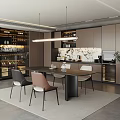 Modern Restaurant Interior With Dining Table Chairs Wine Cabinet Hanging Lights And Marble Backsplash