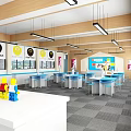School Robotik Classroom With Bright Windows Student Desks Chairs Hanging Lights And Colorful Models