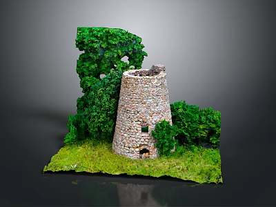 Detailed Miniature Stone Tower Model With Green Trees And Grassy Base 3d model