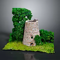 Detailed Miniature Stone Tower Model With Green Trees And Grassy Base