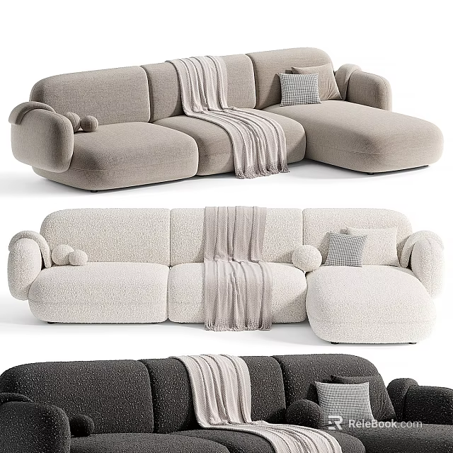 Modern Soft Curved L Shaped Multi Seater Sectional Sofa With Decorative Pillows And Cozy Blankets 3d model 