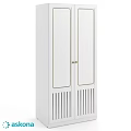 Modern White Cabinet with Gold Trimmed Doors and Vertical Slats Design