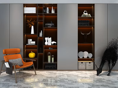 Modern Interior Wooden Bookcase With Books Decorative Items Orange Armchair Pumpkin Deer Head And Drawers 3d model