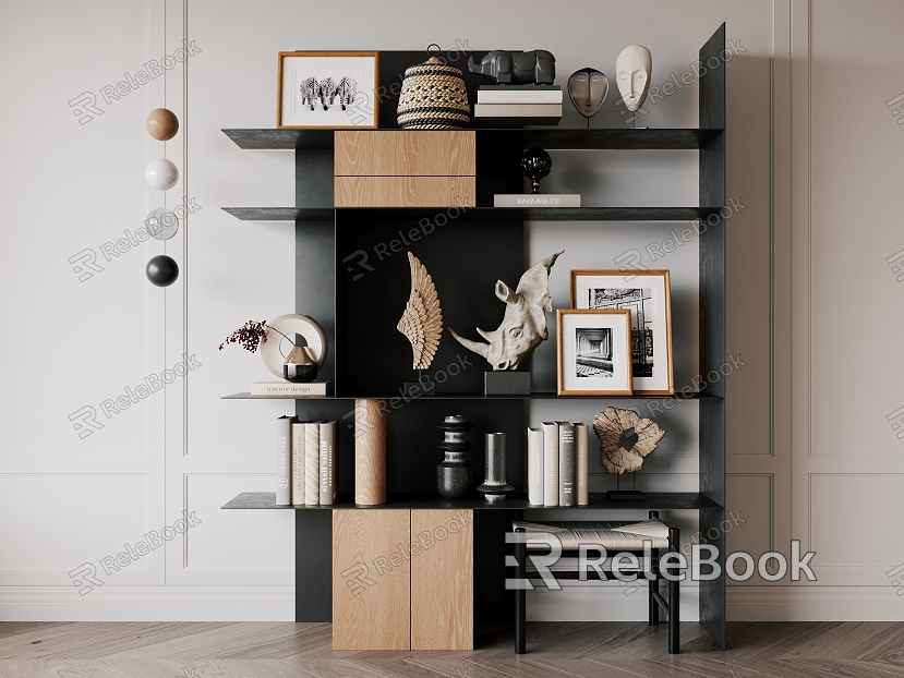 Quiet Bookshelf Black Steel Log Wood Bookcase Decorative Cabinet model