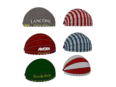 Various Branded Canopies With Colorful Stripe Designs And Logos 3d model