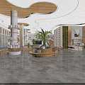 Modern Service Hall Interior With Wooden Decor Circular Reception Desk And Green Plants