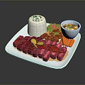 Plated Food With Herbed Rice Sliced Red Meat Carrots And Soup