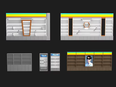 Various Styles of Display Shelves Featuring Multiple Tiers Open Compartments and Retail Layout 3d model