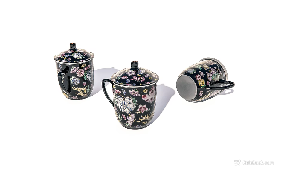 Elegant Black Tea Set With Hand Painted Floral Patterns And Secure Lids Design 3d model
