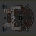 Vintage Rusted Metal Equipment With Circular Body And Mechanical Brackets