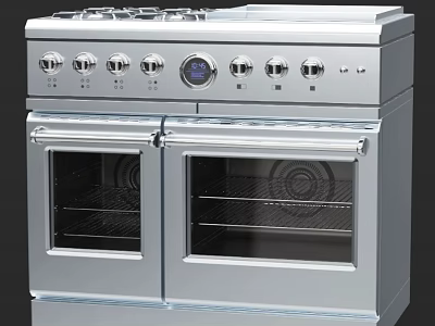 Stainless Steel Double Oven Gas Range Cooker With Control Knobs And Glass Doors 3d model