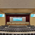 Modern Conference Room With Blue Seats Stage Large Screen And Wooden Walls
