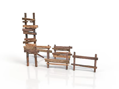 Rustic Wooden Scene Components With Fence Shelf Bench And Natural Brown Wood Structures 3d model