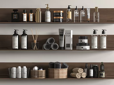 Stylish Bathroom Accessories On Wooden Shelves With Dispensers Towels And Baskets 3d model