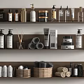 Stylish Bathroom Accessories On Wooden Shelves With Dispensers Towels And Baskets
