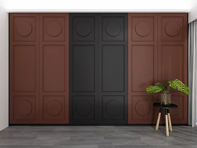 Brown and Black Wardrobe with Circular Patterns and Side Table Green Plant 3d model