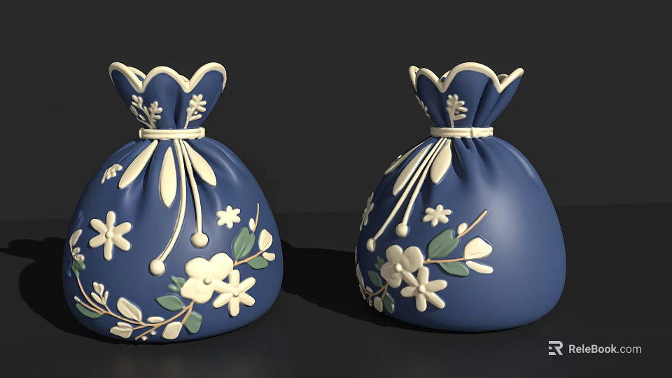 Traditional Blue Decorative Storage Pouches With White Floral Patterns And Drawstring Design 3d model 