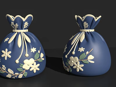 Traditional Blue Decorative Storage Pouches With White Floral Patterns And Drawstring Design 3d model
