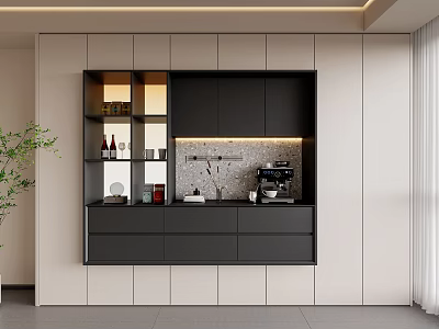 Modern Neutral Tones Sideboard With Open Shelves Wine Bottles Coffee Maker And LED Lighting 3d model
