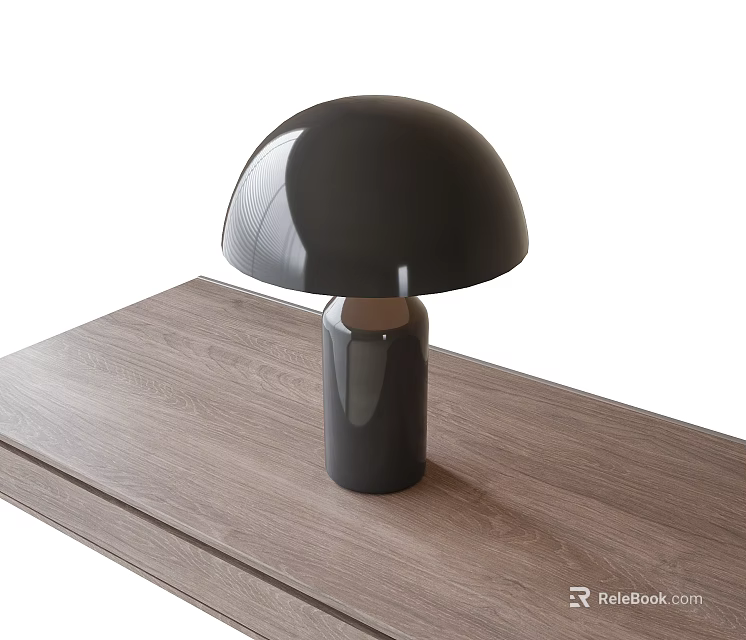 Black Dome Table Lamp with Cylindrical Base on Wooden Table Simple Style 3d model