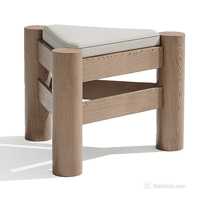 Wooden Stool with Gray Cushioned Seat Cylindrical Oak Legs and Cross Support in Modern Design 3d model 
