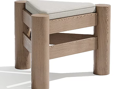 Wooden Stool with Gray Cushioned Seat Cylindrical Oak Legs and Cross Support in Modern Design 3d model