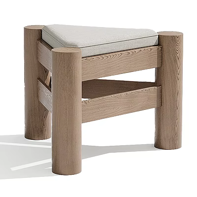 Wooden Stool with Gray Cushioned Seat Cylindrical Oak Legs and Cross Support in Modern Design 3d model