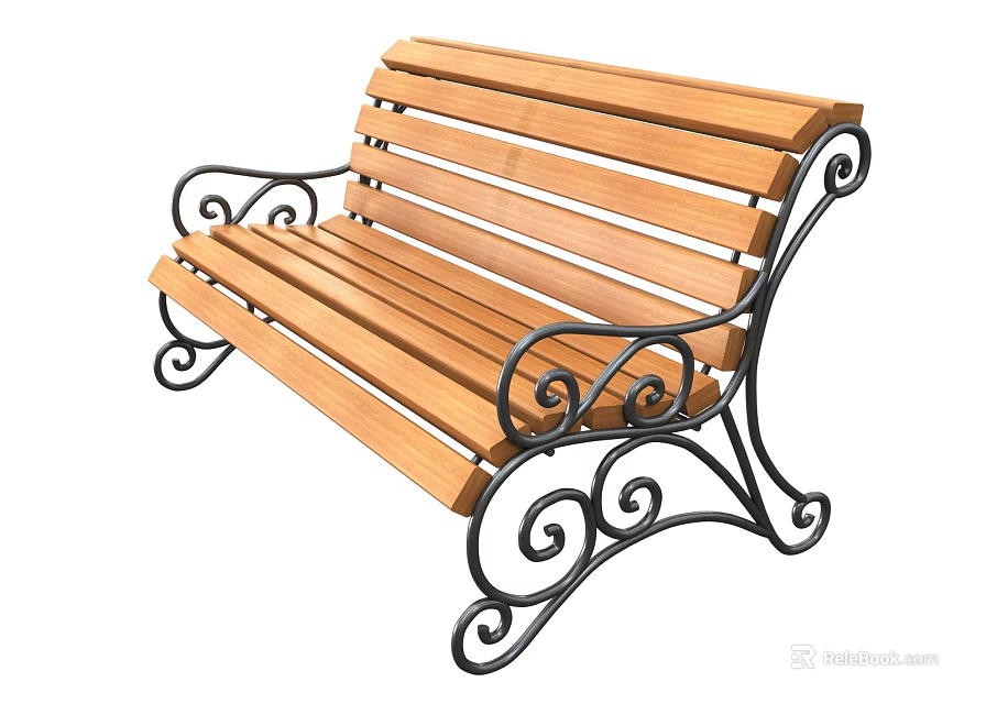 Outdoor Wooden Slat Bench With Ornate Curved Metal Scroll Frame Design 3d model 
