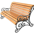 Outdoor Wooden Slat Bench With Ornate Curved Metal Scroll Frame Design