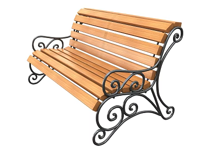 Outdoor Wooden Slat Bench With Ornate Curved Metal Scroll Frame Design 3d model