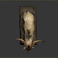 Goat Sculpture Carving With Long Curved Horns And Textured Fur On Stone Base