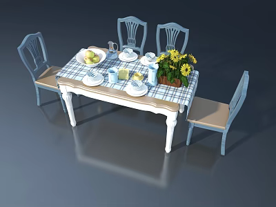 Elegant Dining Area With Swing Door And Wooden Table With Chairs 3d model