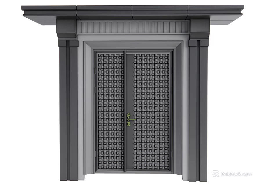 Classic Entrance Gate Featuring Metal Grid Double Doors And Gray Decorative Columns 3d model 