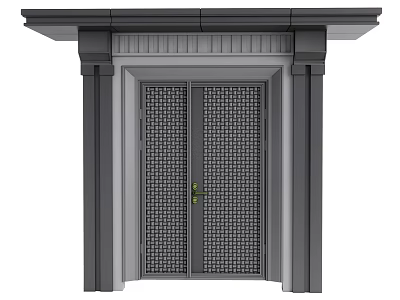 Classic Entrance Gate Featuring Metal Grid Double Doors And Gray Decorative Columns 3d model