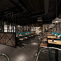 Industrial Style Restaurant Interior With Blue Booths Metal Frame Partitions And Pendant Lights